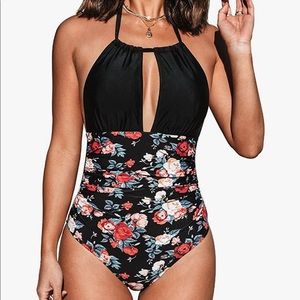 Floral And Black Open Back One-Piece Swimsuit